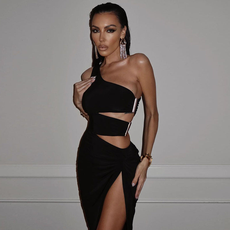 Temperament Babes High Slit Party Party Dress Sexy One-shoulder Kink Hollow Dress