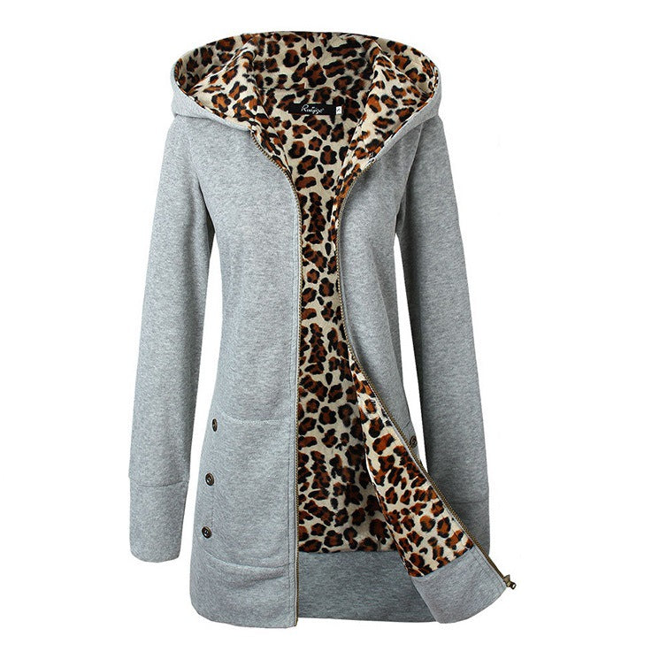 Hooded Leopard Sweater Women&#039;s European And American Fleece Large Size Women&#039;s Autumn And Winter Coat