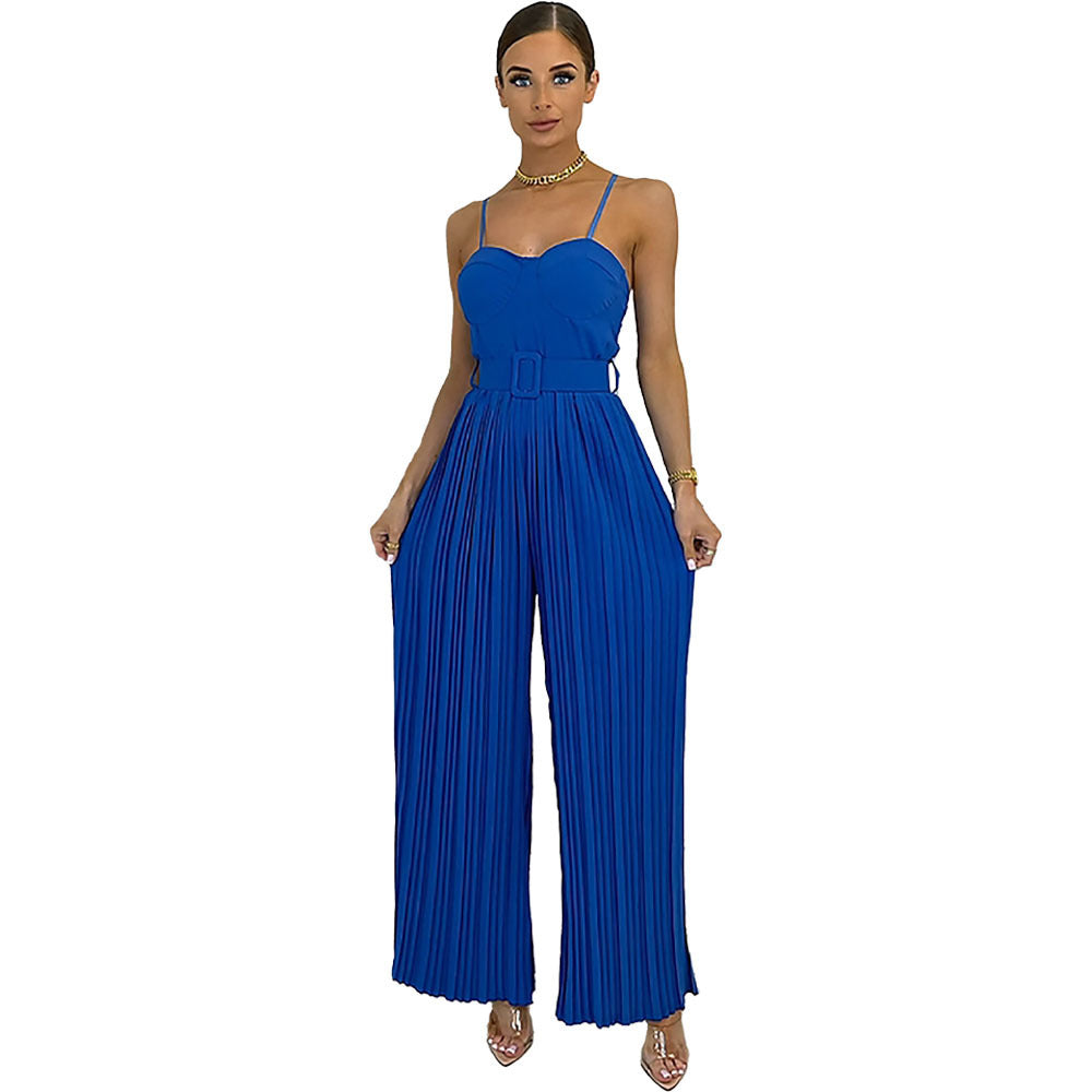 Amazon Summer Hot Women&amp;#039;s Clothing Cross-border Europe And The United States Hot Selling Women&amp;#039;s Solid Color Pleated Tube Top Slim Fit Wide-leg Jumpsuit