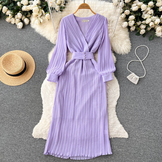 Autumn&#039;s New Light And Mature Temperament French Ladies Long-sleeved Waist Slim Dress Women&#039;s Waist Pleated V-neck Long Skirt