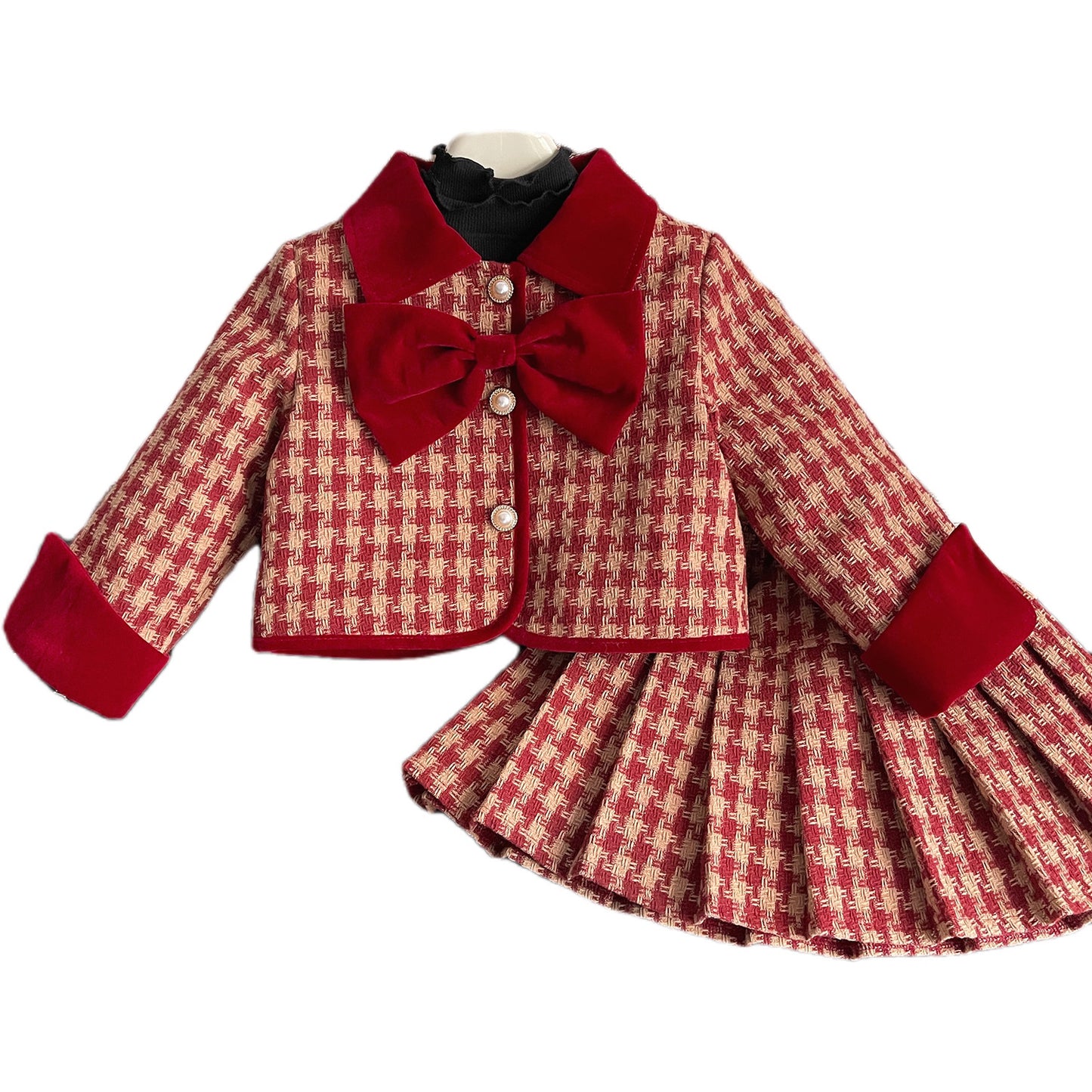 2023 Winter New Korean Style Girls Small Fragrance Style Red Plaid Bow Set Baby Cotton Two-piece Set 68185