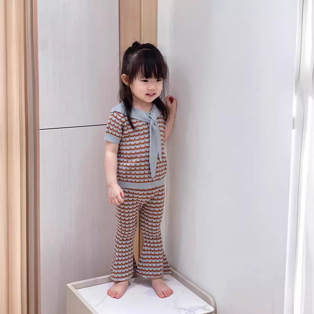 Knit Planet Bow-tie Top Ammonium Empty Flared Pants Girls&#039; Suit Summer Thin Modal Cotton Knitted Sweater