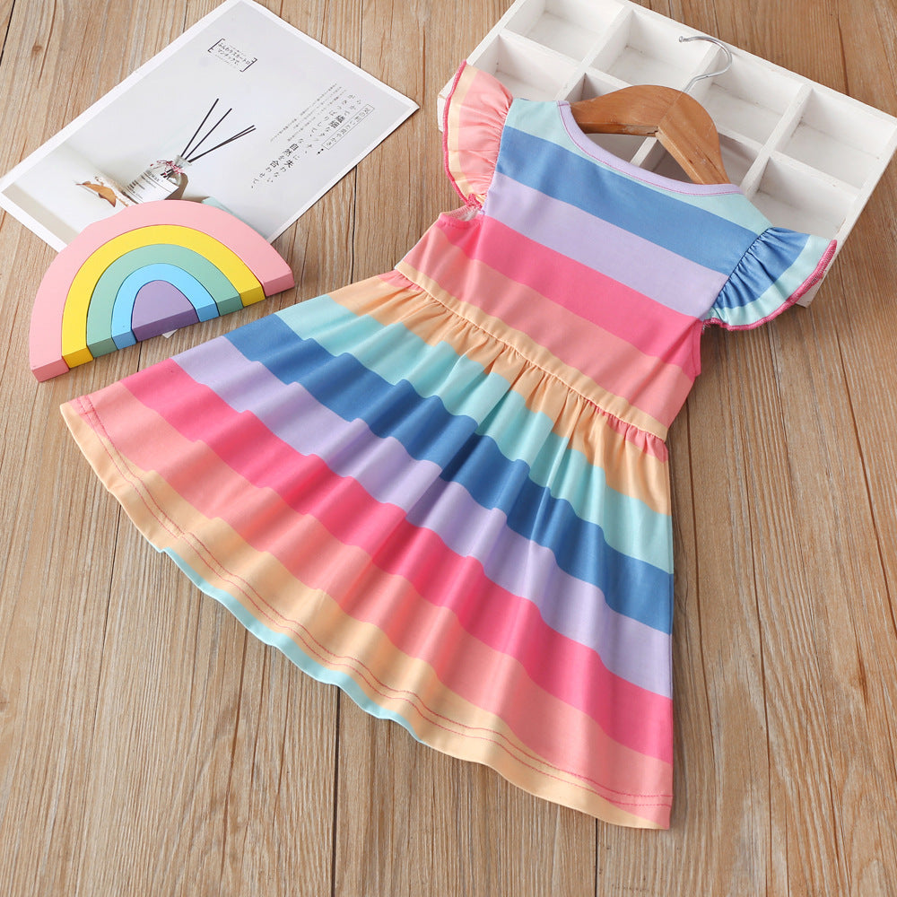 2023 Summer New Children Rainbow Stripes Flying Sleeve Dress