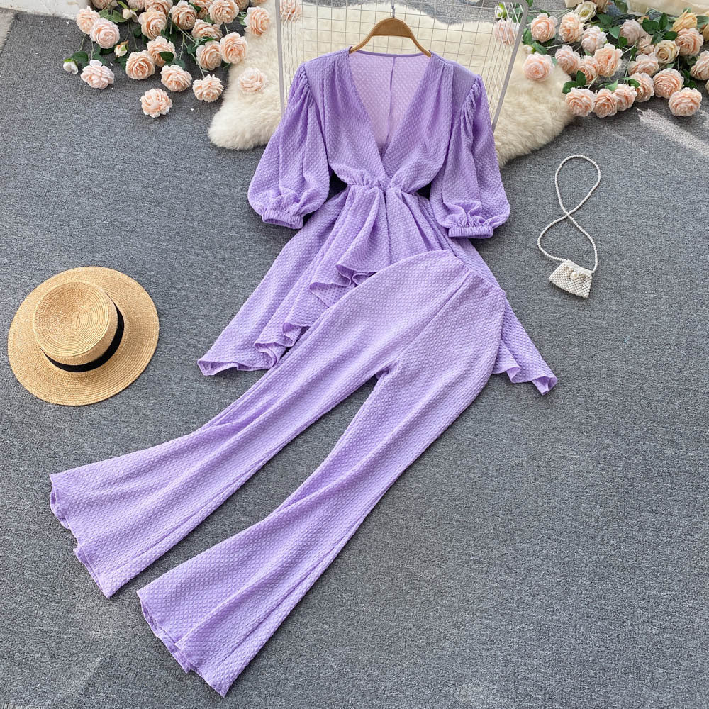 Light Familiar Temperament Celebrity Suit Spring And Summer New Loose V-neck Irregular Top Micro-flare Trousers Two-piece Set