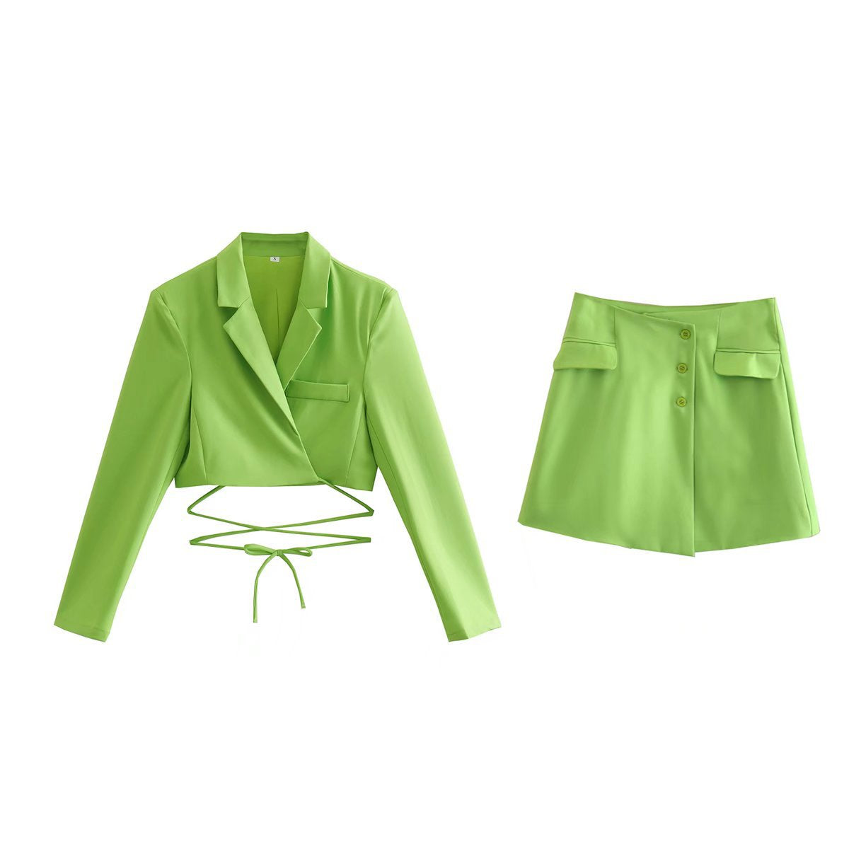 Europe And America Wholesale 2022 Summer New Green Short Lace-up Top + Single-breasted Skirt Suit M4-0724