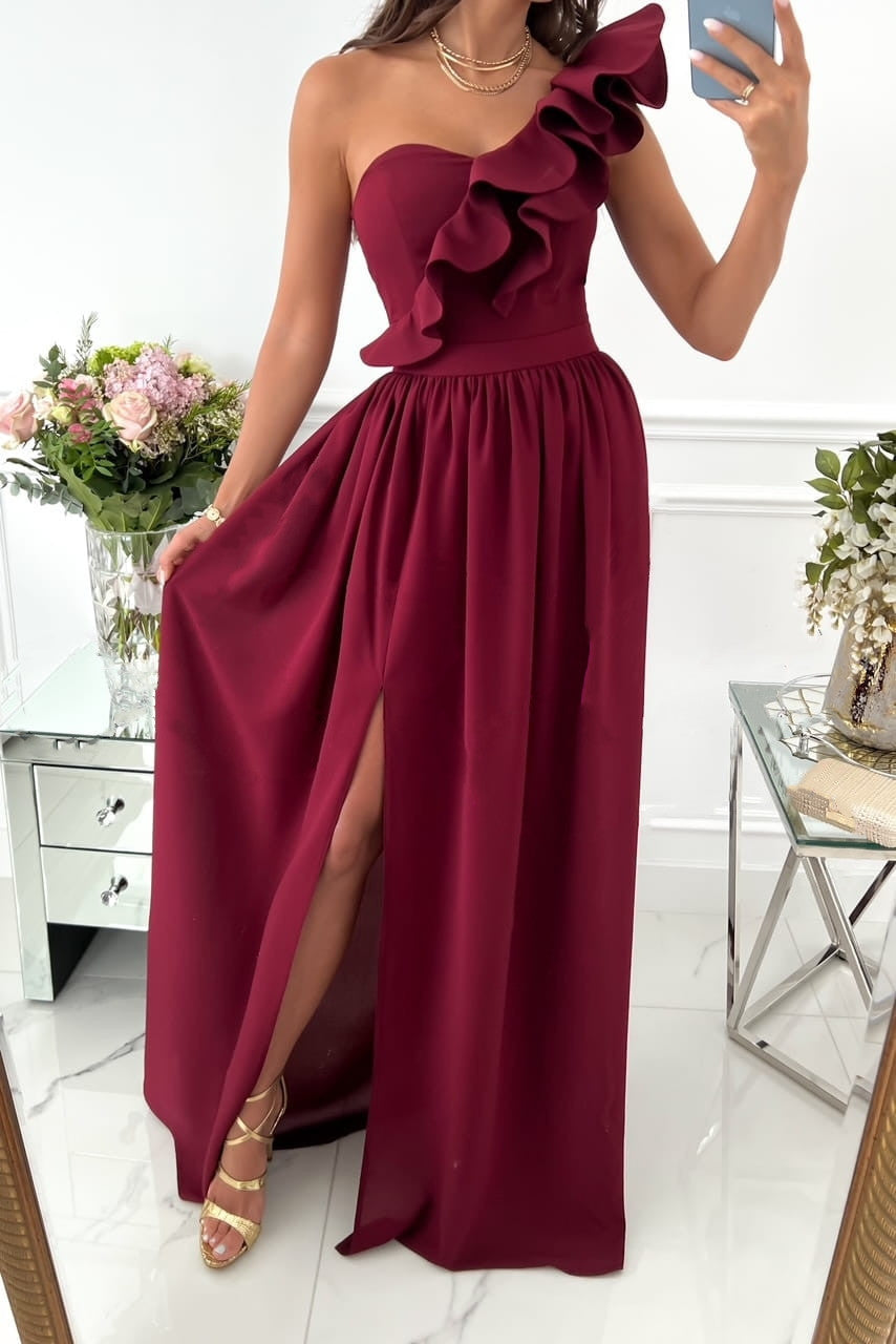 New Summer Sleeveless Shoulder Ruffled Hem Slit Dress