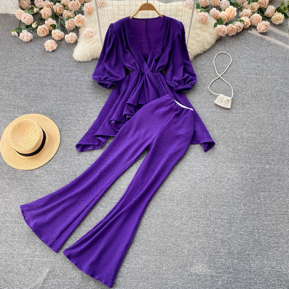 Light Familiar Temperament Celebrity Suit Spring And Summer New Loose V-neck Irregular Top Micro-flare Trousers Two-piece Set