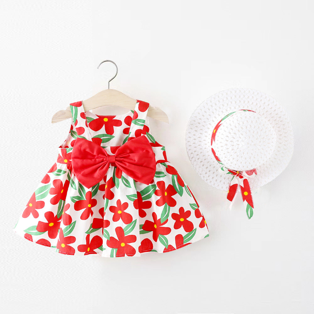 Children&#039;s Summer Dress New Girls Bowknot Printed Suspender Skirt Infant Children&#039;s Sleeveless Sundress