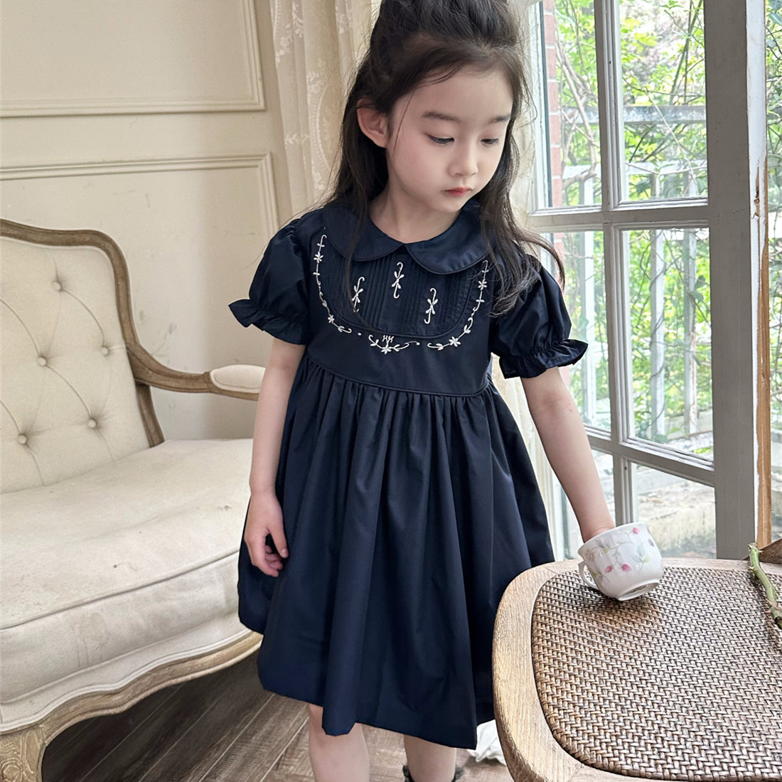 2024 Summer New Style [Petit Nez] Retro Vintage Temperament Dark Blue Embroidered Short-sleeved Girls&#039; Dress