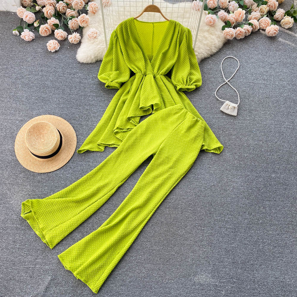 Light Familiar Temperament Celebrity Suit Spring And Summer New Loose V-neck Irregular Top Micro-flare Trousers Two-piece Set