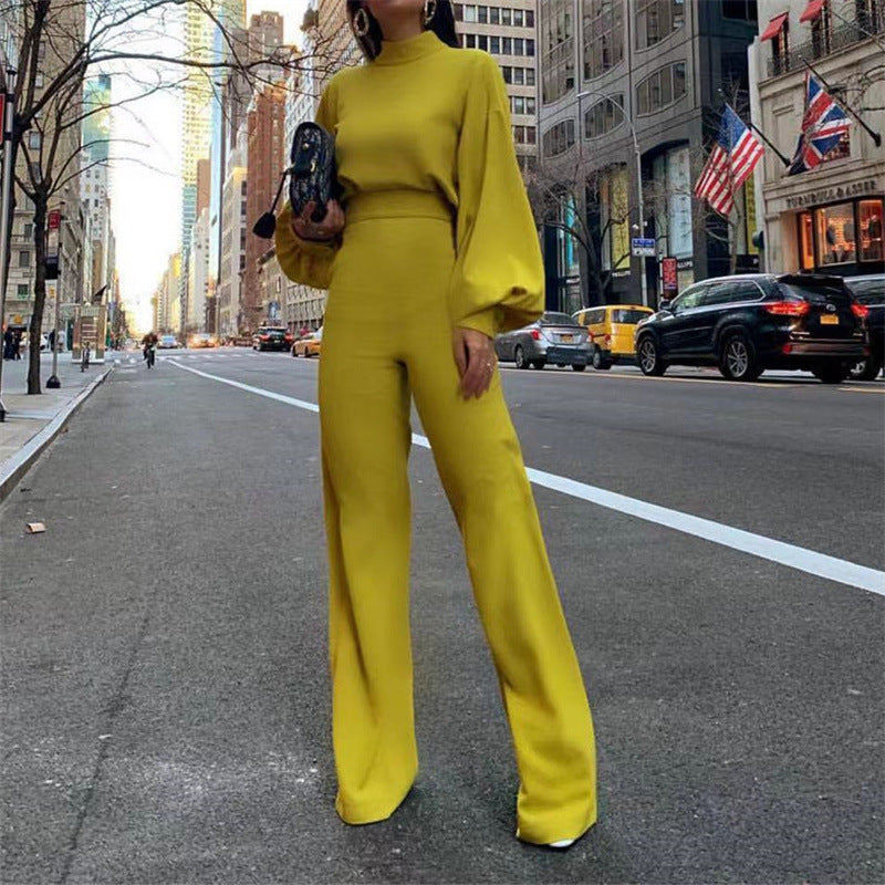 Clothing Solid Color Fashionable Temperament Wide-leg Pants High-neck Long-sleeved Casual Jumpsuit