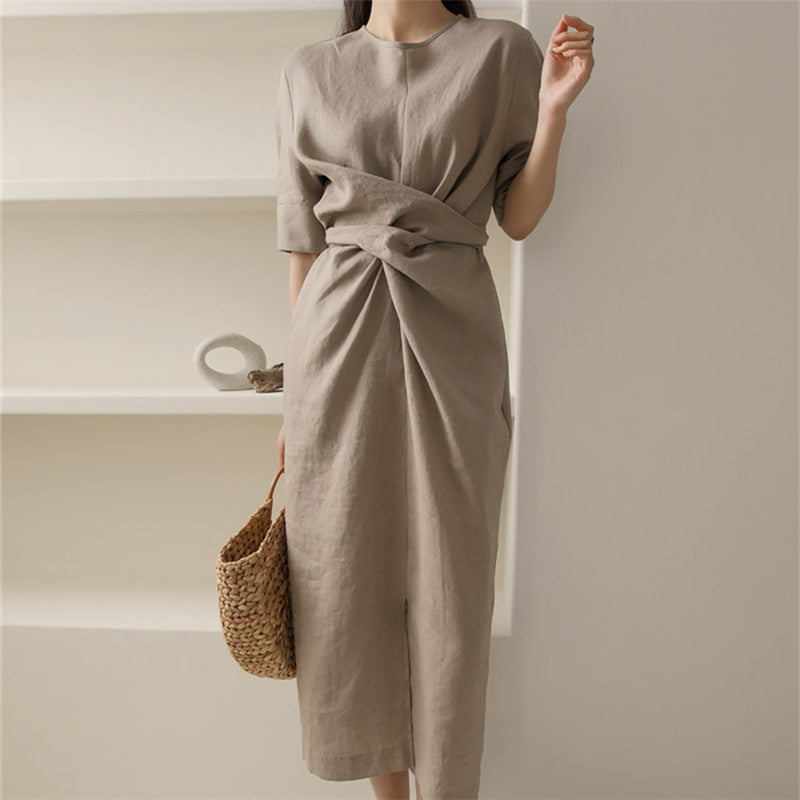 Cotton And Linen Dress Women Summer New Waist Slimming Irregular High-End Linen Dress