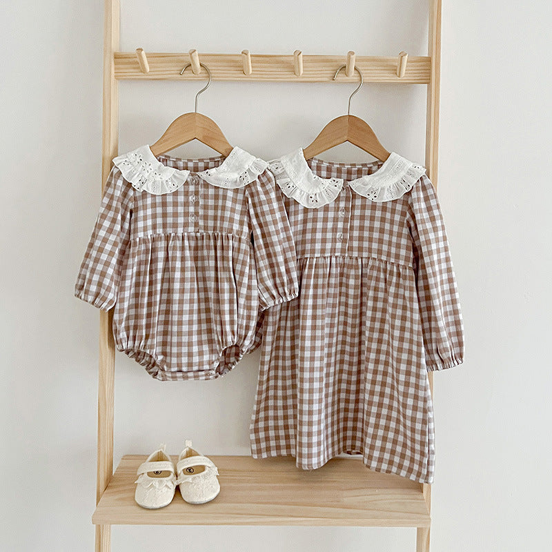 Korean Style Baby Girl Romper Baby Doll Collar Plaid Long Sleeve Jumpsuit Girl Dress Sisters Spring And Autumn New