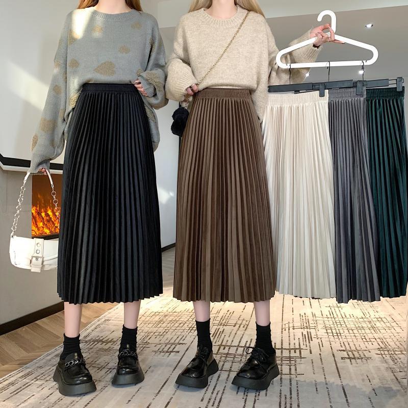 A-line Skirt Women&#039;s Autumn And Winter High Waist Slim Velvet Pleated Elastic Waist All-match Small Mid-length Skirt