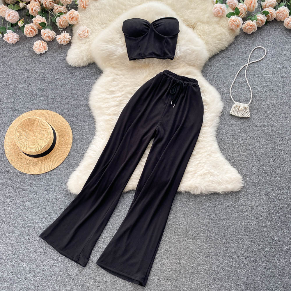 All-match Sexy Hot Girl Tube Top Top Wrap Chest Vest Women&#039;s High Waist Drape Wide Leg Trousers Pure Desire Two-piece Suit