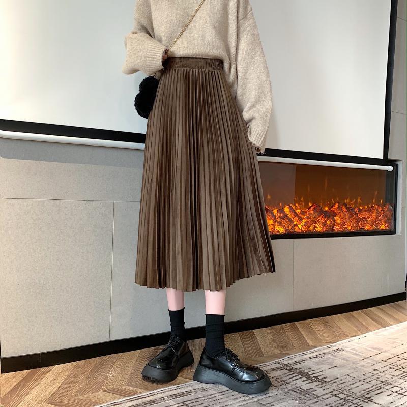 A-line Skirt Women&#039;s Autumn And Winter High Waist Slim Velvet Pleated Elastic Waist All-match Small Mid-length Skirt