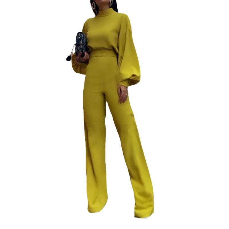 Clothing Solid Color Fashionable Temperament Wide-leg Pants High-neck Long-sleeved Casual Jumpsuit