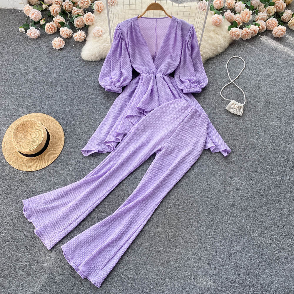 Light Familiar Temperament Celebrity Suit Spring And Summer New Loose V-neck Irregular Top Micro-flare Trousers Two-piece Set