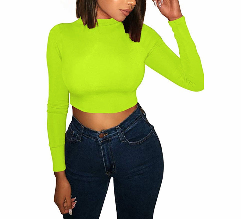 Sexy Turtleneck Solid Color Short Belly-revealing Long-sleeved Top