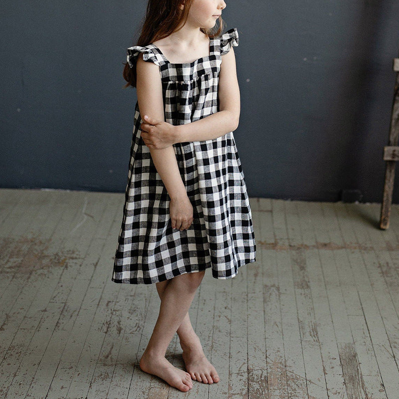 Summer New Style Linen Cotton Breathable Sleeveless Vest Dress For Baby Girls Fashion Contrast Color Plaid Square Collar Dress Children&#039;s Wear