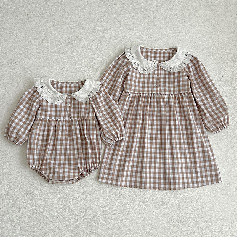 Korean Style Baby Girl Romper Baby Doll Collar Plaid Long Sleeve Jumpsuit Girl Dress Sisters Spring And Autumn New