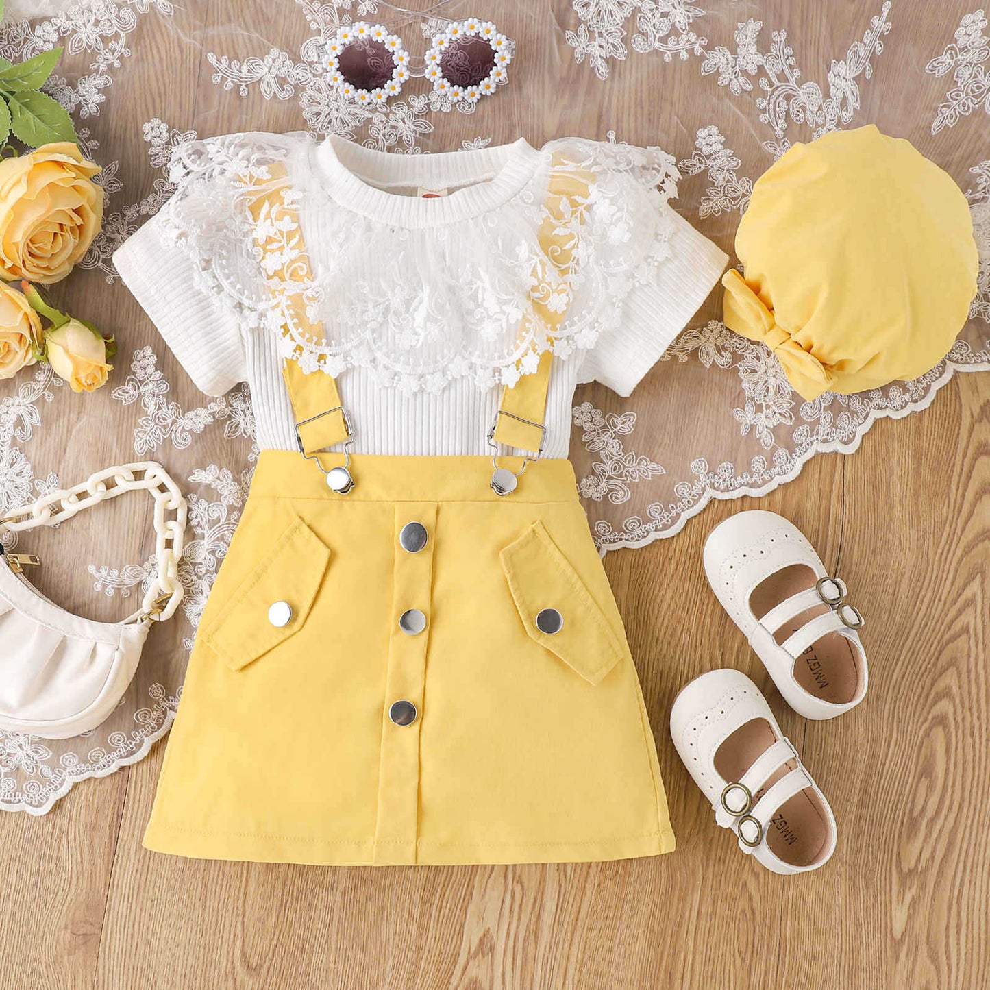 Children&#039;s Girl Suit Summer Lace Doll Collar Pit Short Sleeve + Strap Skirt + Hat Three-piece Set