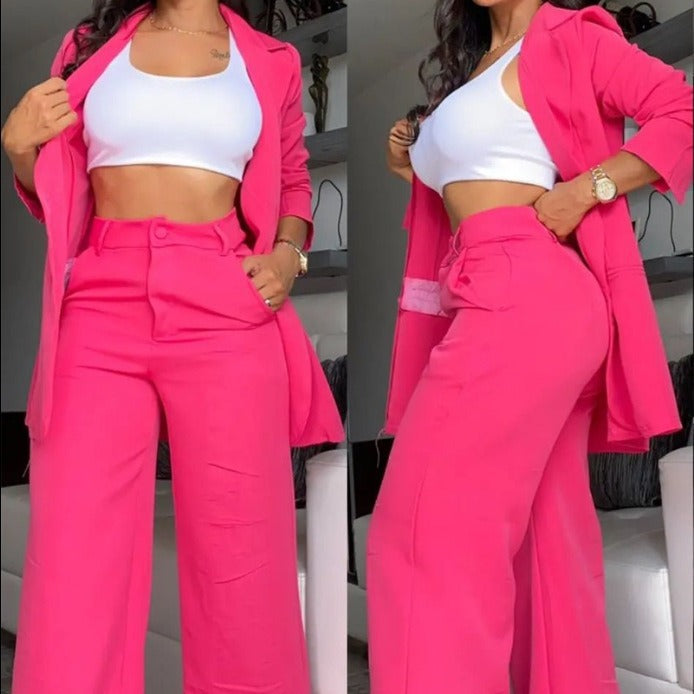 Women&#039;s Elegant Solid Color Split Sleeve Lapel Suit Pocket Straight Pants Suit