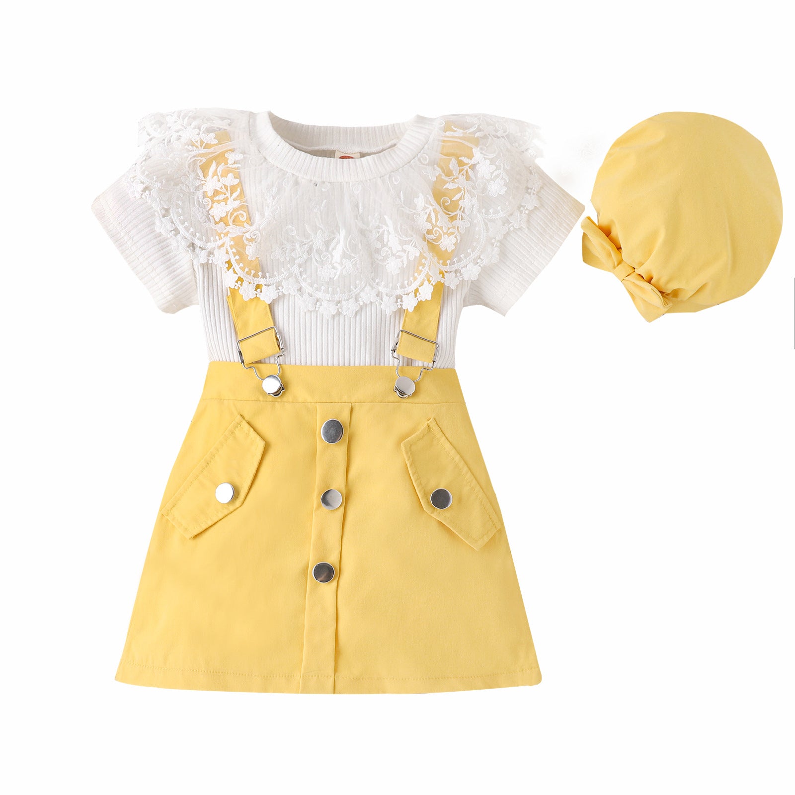 Children&#039;s Girl Suit Summer Lace Doll Collar Pit Short Sleeve + Strap Skirt + Hat Three-piece Set