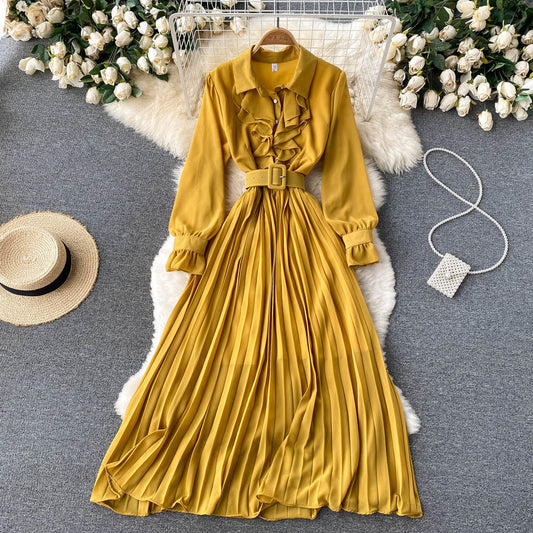 Celebrity Elegant Temperament Chiffon Dress Women&#039;s Tie Waist Slimming Polo Collar Ruffled Pleated Long Skirt