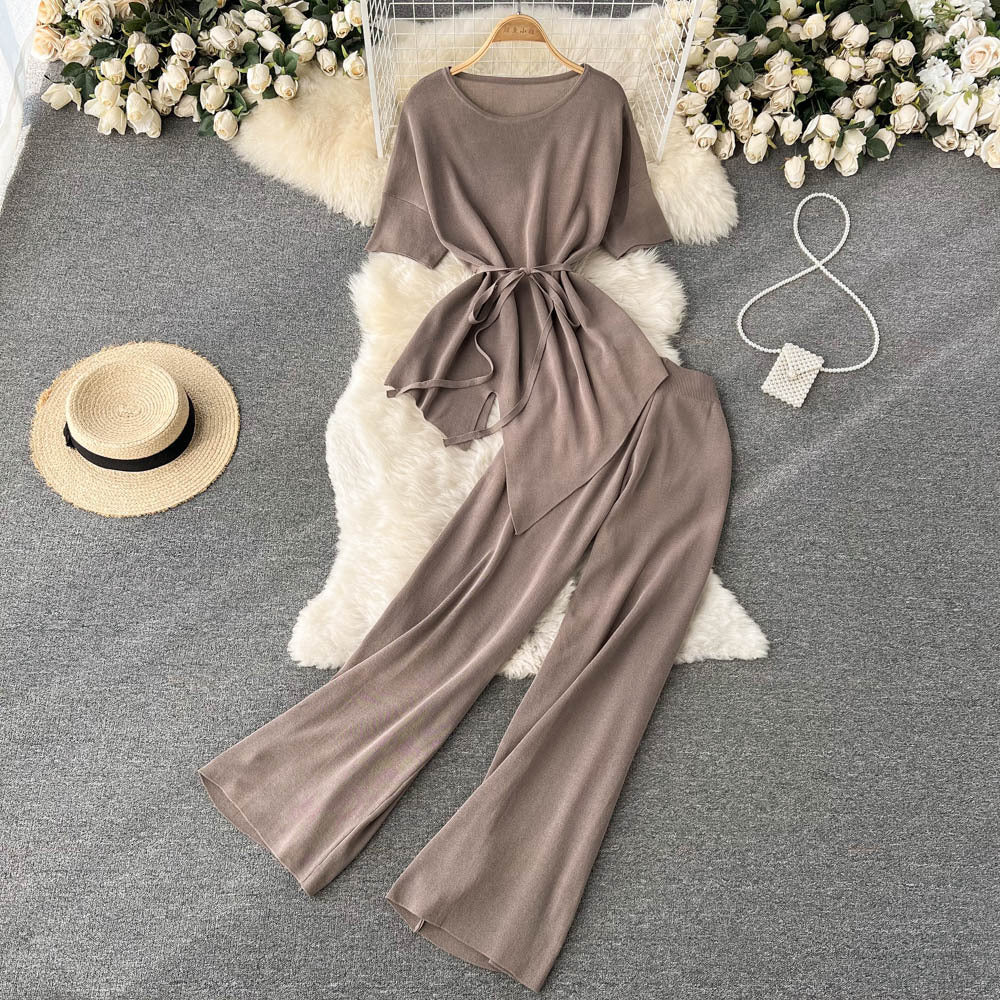 Hong Kong Style Fashion Suit Women&#039;s Irregular Short-sleeved Top Is Thin Casual Pants All-match Wide-leg Pants Trousers Two-piece Tide