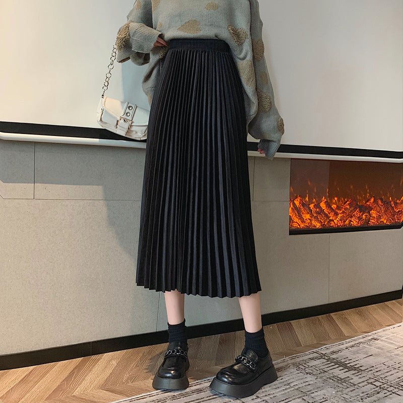 A-line Skirt Women&#039;s Autumn And Winter High Waist Slim Velvet Pleated Elastic Waist All-match Small Mid-length Skirt