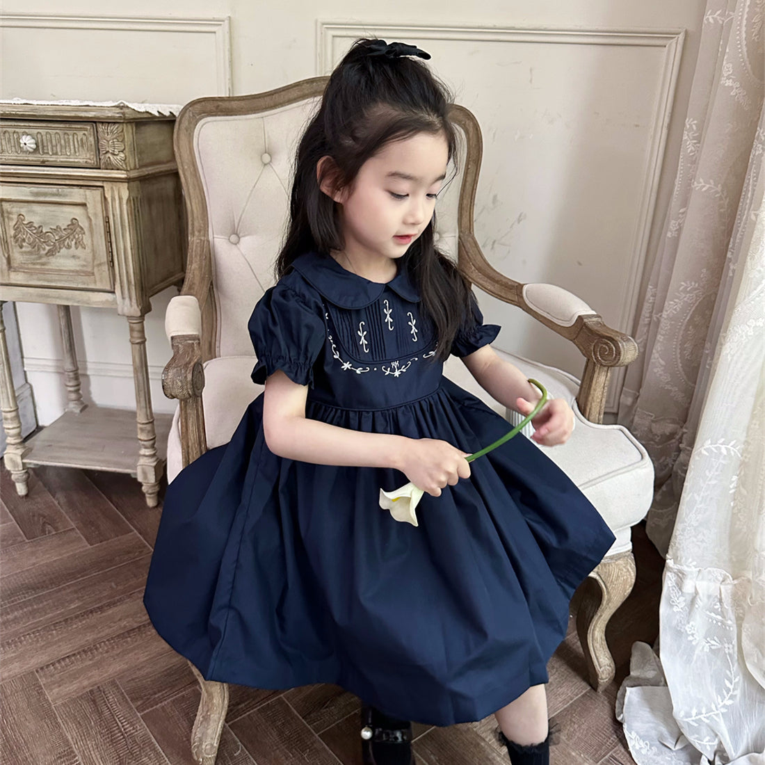 2024 Summer New Style [Petit Nez] Retro Vintage Temperament Dark Blue Embroidered Short-sleeved Girls&#039; Dress