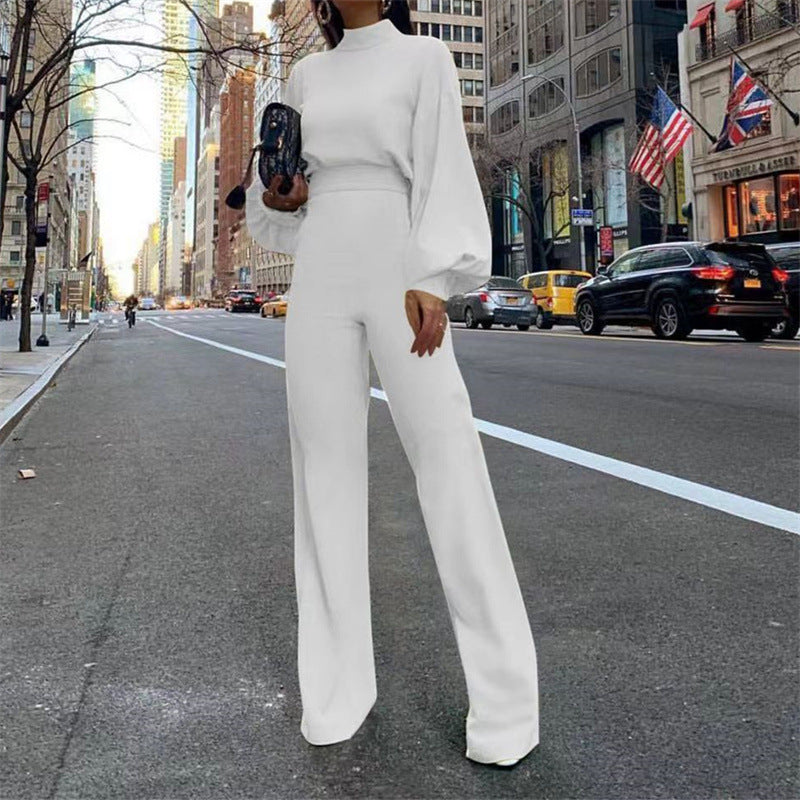 Clothing Solid Color Fashionable Temperament Wide-leg Pants High-neck Long-sleeved Casual Jumpsuit