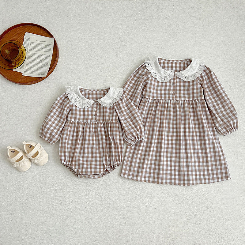 Korean Style Baby Girl Romper Baby Doll Collar Plaid Long Sleeve Jumpsuit Girl Dress Sisters Spring And Autumn New