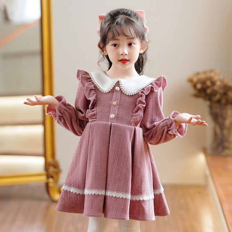 Fleece-lined Girl&#039;s Autumn And Winter Doll Collar Dress Festive New Year&#039;s Dress Fleece-lined Dress Long Sleeve Short Princess Dress Children&#039;s Dress