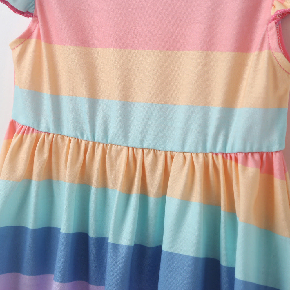 2023 Summer New Children Rainbow Stripes Flying Sleeve Dress