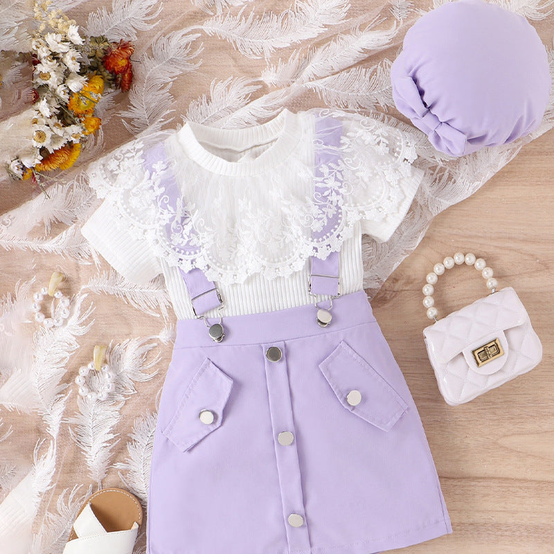 Children&#039;s Girl Suit Summer Lace Doll Collar Pit Short Sleeve + Strap Skirt + Hat Three-piece Set