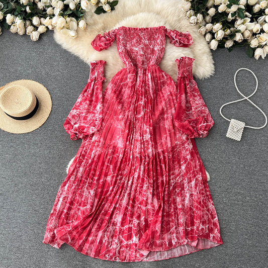 Yujie Light And Familiar Style With Sleeves One-shoulder Waist Slimming Dress Summer Female Chic And Beautiful Printed Dress