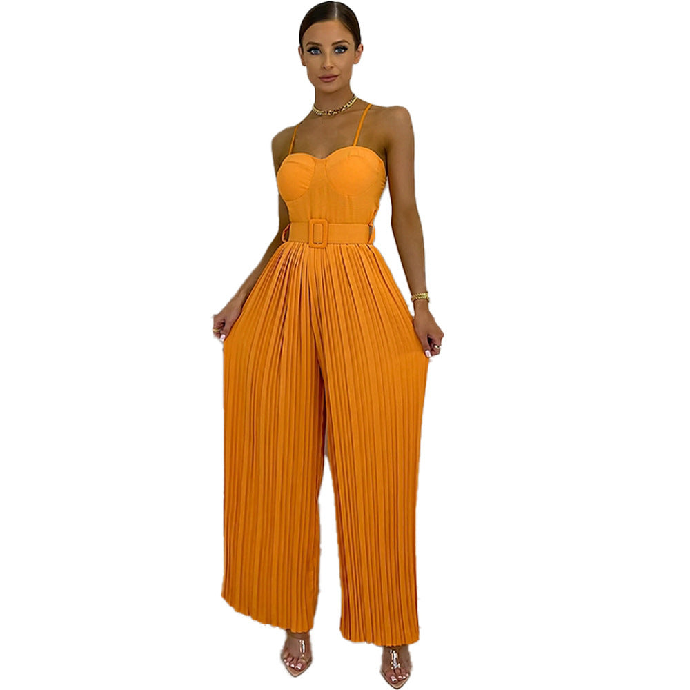 Amazon Summer Hot Women&amp;#039;s Clothing Cross-border Europe And The United States Hot Selling Women&amp;#039;s Solid Color Pleated Tube Top Slim Fit Wide-leg Jumpsuit