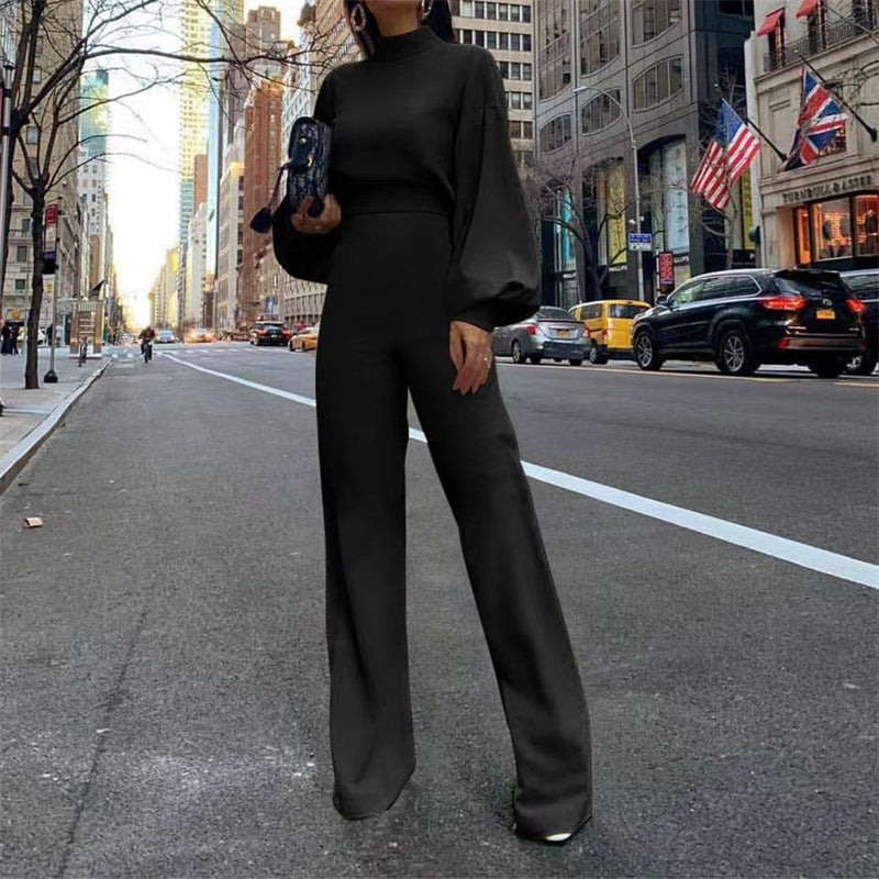 Clothing Solid Color Fashionable Temperament Wide-leg Pants High-neck Long-sleeved Casual Jumpsuit