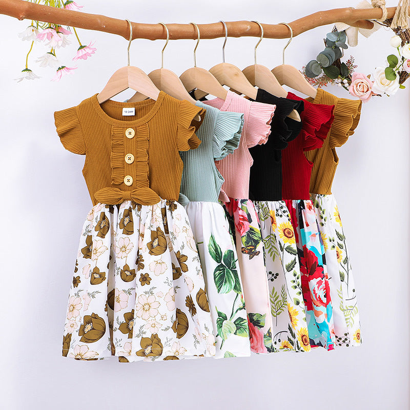 Summer Girls Dress New Printing Fashion Stitching Children&#039;s Skirt Bow