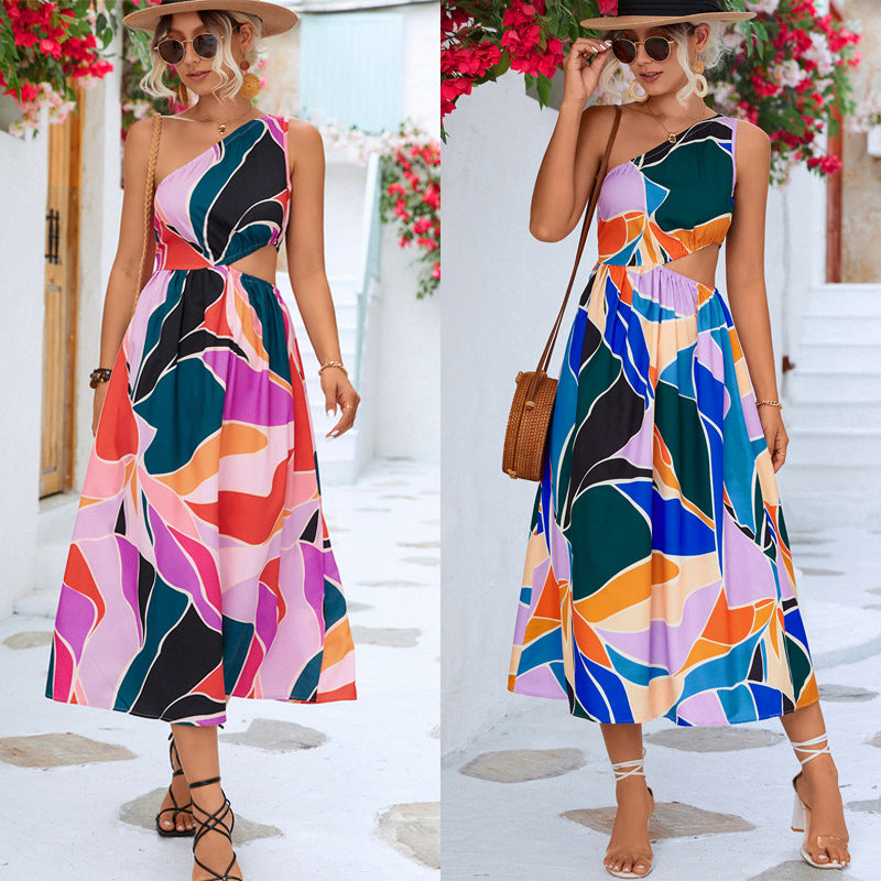 Women&#039;s Wish Hot Sale One-shoulder Sleeveless Waist Hollow Dress