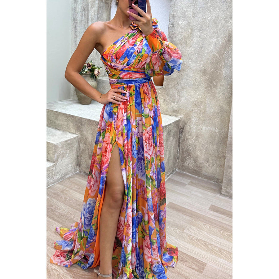 Autumn And Winter Party New Casual Split Dress INS Loose Multi-color Oblique Shoulder Dress