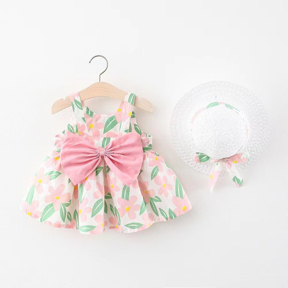 Children&#039;s Summer Dress New Girls Bowknot Printed Suspender Skirt Infant Children&#039;s Sleeveless Sundress