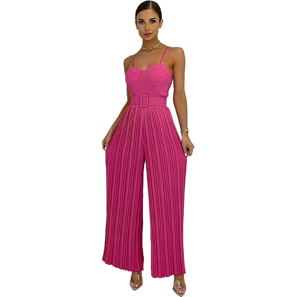 Amazon Summer Hot Women&amp;#039;s Clothing Cross-border Europe And The United States Hot Selling Women&amp;#039;s Solid Color Pleated Tube Top Slim Fit Wide-leg Jumpsuit