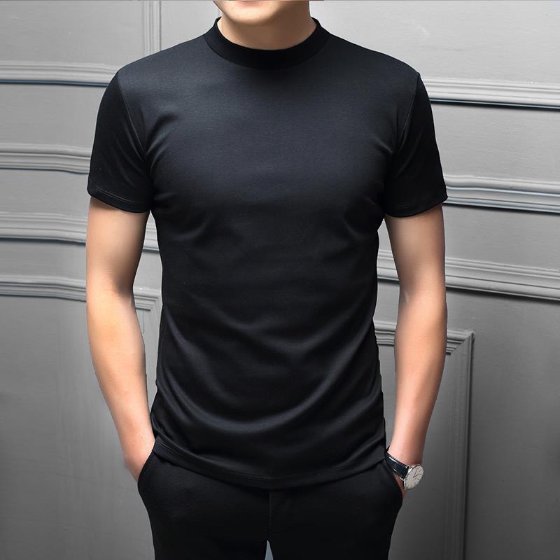 Spring And Summer Men&#039;s Double Mercerized Cotton Small Turtleneck Solid Color Slim Round Neck Short Sleeve T-shirt Half Turtleneck Bottoming Shirt