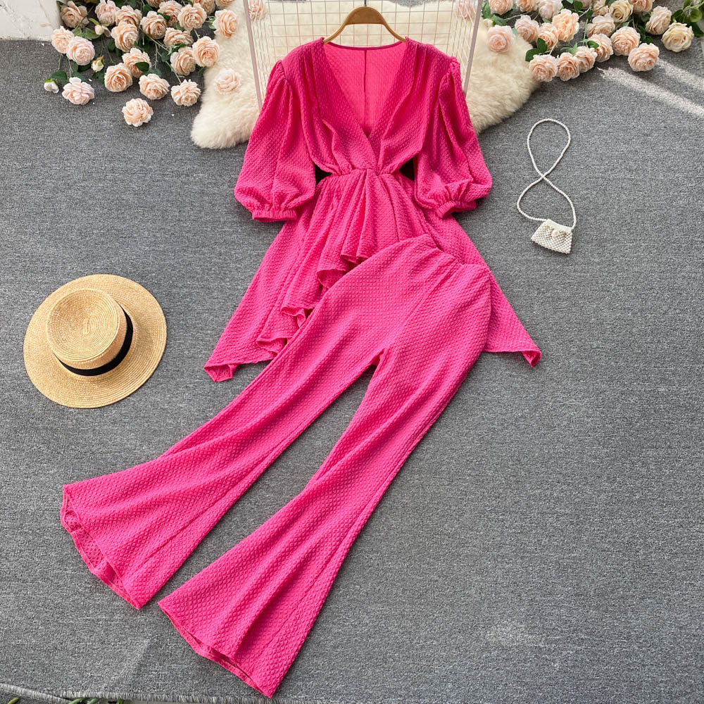 Light Familiar Temperament Celebrity Suit Spring And Summer New Loose V-neck Irregular Top Micro-flare Trousers Two-piece Set