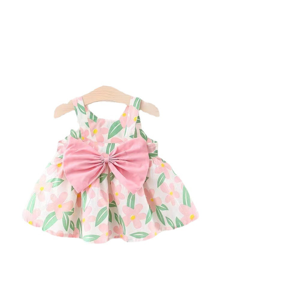 Children&#039;s Summer Dress New Girls Bowknot Printed Suspender Skirt Infant Children&#039;s Sleeveless Sundress