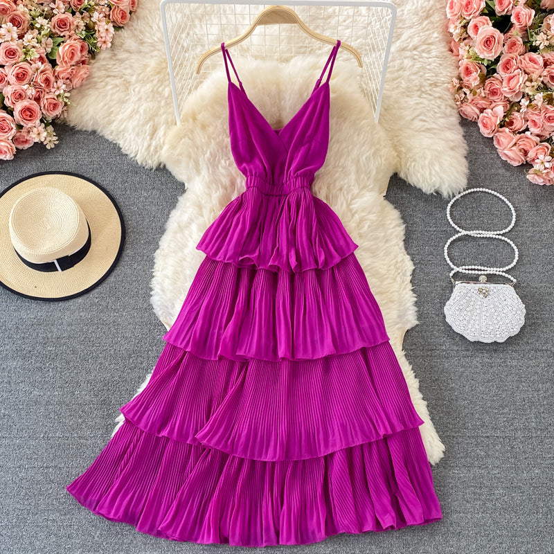 Sling Pleated Dress Women&#039;s 2021 Summer New Loose Cover Belly Thin Cake Skirt French V-neck Long Skirt