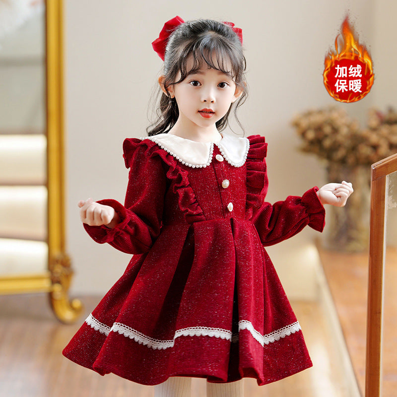 Fleece-lined Girl&#039;s Autumn And Winter Doll Collar Dress Festive New Year&#039;s Dress Fleece-lined Dress Long Sleeve Short Princess Dress Children&#039;s Dress